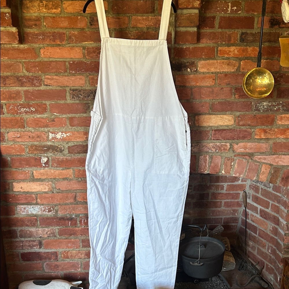 Eileen Fisher denim overalls with snaps to adjust straps and waistline.